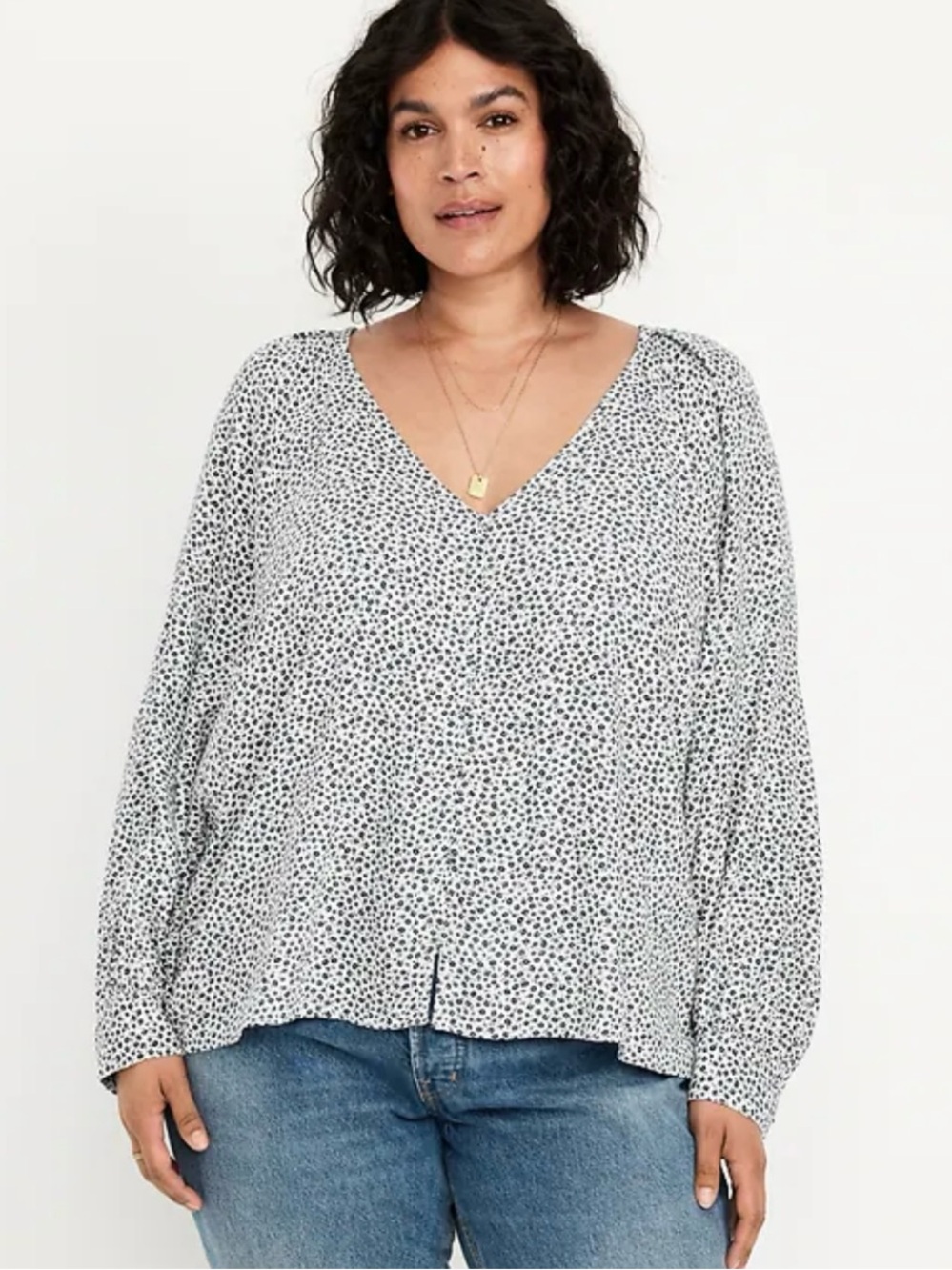 Old Navy White V-Neck Long Sleeve Dot Print Blouse‎ Plus Size 2X